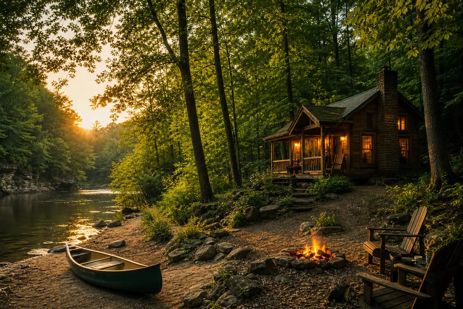 cabin in the woods along the river with a canoe